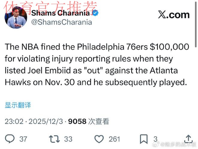 NBA官宣：76人违规罚款10万美元 恩比德赛前状态缺席却登场